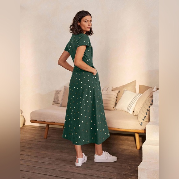 Boden Thomasina 100% Cotton Green Gold Polka Dot Jersey Midi Dress - Picture 2 of 12